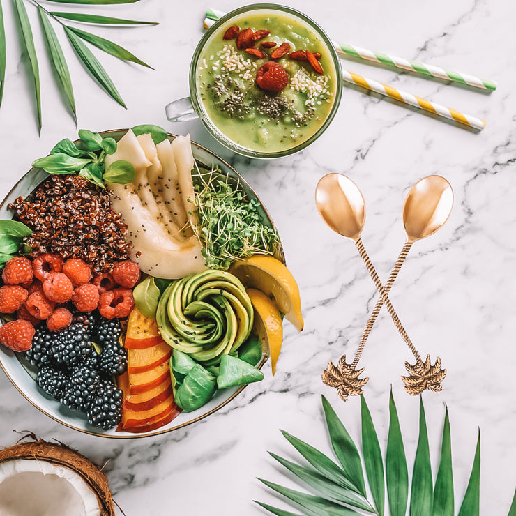 tropical fruits palm tree brass spoons